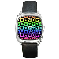 Rainbow Stars And Hearts Square Leather Watch by ArtistRoseanneJones