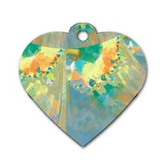 Abstract Flower Design In Turquoise And Yellows Dog Tag Heart (one Side) by digitaldivadesigns