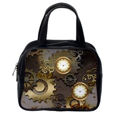Steampunk, Golden Design With Clocks And Gears Classic Handbags (one Side) by FantasyWorld7