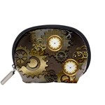 Steampunk, Golden Design With Clocks And Gears Accessory Pouches (Small)  Front