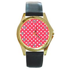 Hot Pink Polka Dots Round Gold Metal Watches by GardenOfOphir