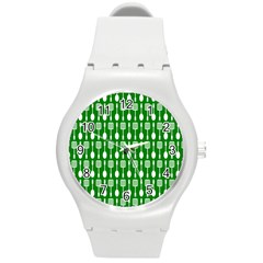 Green And White Kitchen Utensils Pattern Round Plastic Sport Watch (m) by GardenOfOphir