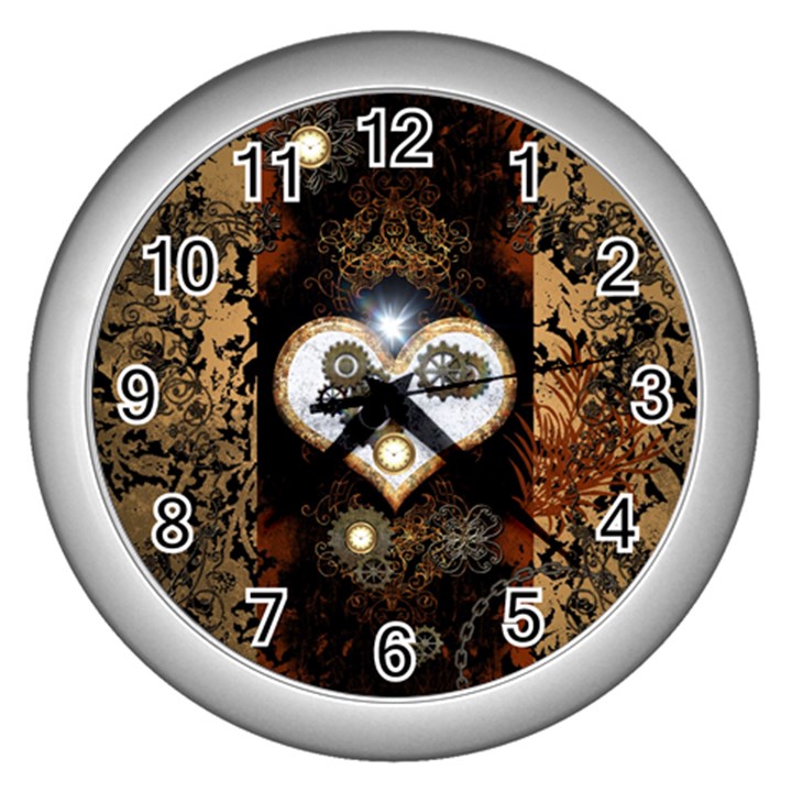 Steampunk, Awesome Heart With Clocks And Gears Wall Clocks (Silver) 