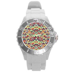 Trendy Chic Modern Chevron Pattern Round Plastic Sport Watch (l) by GardenOfOphir