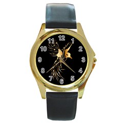 Beautiful Bird In Gold And Black Round Gold Metal Watches