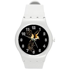 Beautiful Bird In Gold And Black Round Plastic Sport Watch (m)