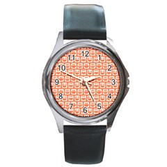 Coral And White Owl Pattern Round Metal Watches by GardenOfOphir