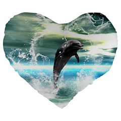 Funny Dolphin Jumping By A Heart Made Of Water Large 19  Premium Heart Shape Cushions by FantasyWorld7