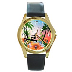 Tropical Design With Surfboarder Round Gold Metal Watches by FantasyWorld7