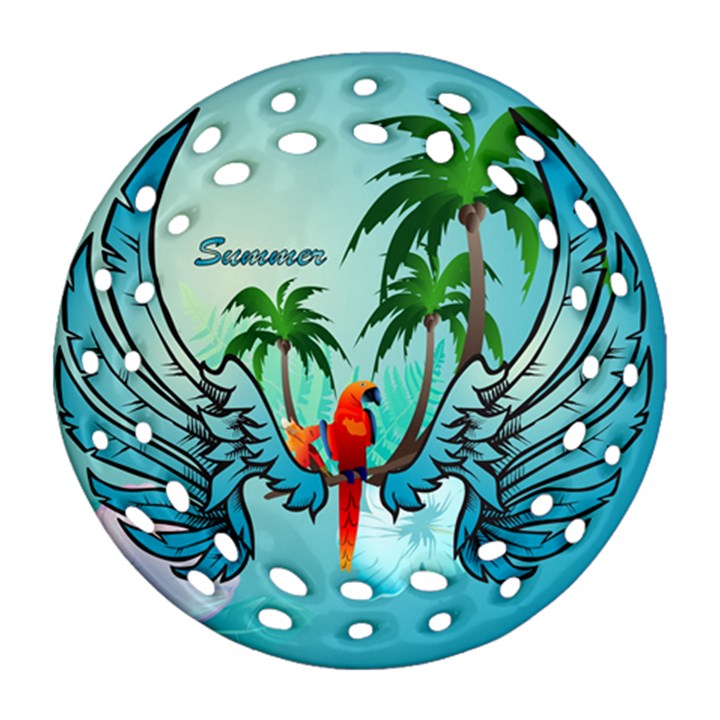 Summer Design With Cute Parrot And Palms Round Filigree Ornament (2Side)