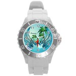 Summer Design With Cute Parrot And Palms Round Plastic Sport Watch (L) Front