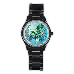 Summer Design With Cute Parrot And Palms Stainless Steel Round Watches