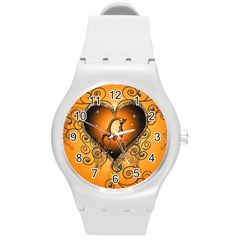 Funny Cute Giraffe With Your Child In A Heart Round Plastic Sport Watch (m) by FantasyWorld7