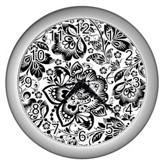 Black Floral Damasks Pattern Baroque Style Wall Clocks (silver)  by Dushan