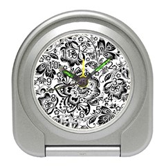 Black Floral Damasks Pattern Baroque Style Travel Alarm Clocks by Dushan