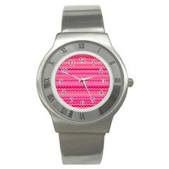 Valentine Pink And Red Wavy Chevron Zigzag Pattern Stainless Steel Watches by PaperandFrill