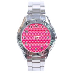 Valentine Pink And Red Wavy Chevron Zigzag Pattern Stainless Steel Men s Watch by PaperandFrill