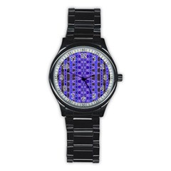 Blue Black Geometric Pattern Stainless Steel Round Watch by BrightVibesDesign