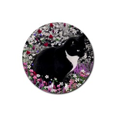 Freckles In Flowers Ii, Black White Tux Cat Rubber Coaster (round)  by DianeClancy