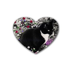 Freckles In Flowers Ii, Black White Tux Cat Rubber Coaster (heart)  by DianeClancy