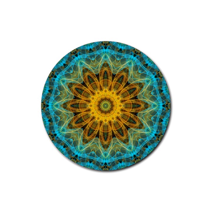 Blue yellow Ocean Star flower mandala Rubber Coaster (Round)