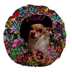 Chi Chi In Butterflies, Chihuahua Dog In Cute Hat Large 18  Premium Flano Round Cushions by DianeClancy