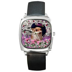 Chi Chi In Flowers, Chihuahua Puppy In Cute Hat Square Metal Watch by DianeClancy