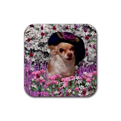 Chi Chi In Flowers, Chihuahua Puppy In Cute Hat Rubber Square Coaster (4 Pack)  by DianeClancy