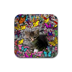 Emma In Butterflies I, Gray Tabby Kitten Rubber Coaster (square)  by DianeClancy