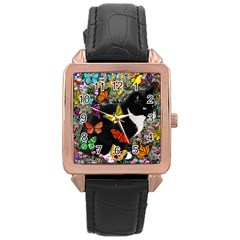 Freckles In Butterflies I, Black White Tux Cat Rose Gold Leather Watch  by DianeClancy