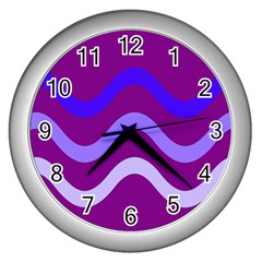 Purple Waves Wall Clocks (silver)  by Valentinaart