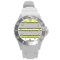 Yellow And Gray Lines Round Plastic Sport Watch (l) by Valentinaart