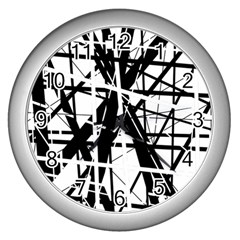 Black And White Abstract Design Wall Clocks (silver)  by Valentinaart