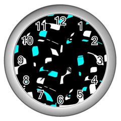 Blue, Black And White Pattern Wall Clocks (silver)  by Valentinaart