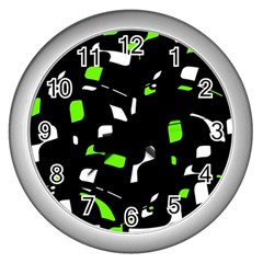 Green, Black And White Pattern Wall Clocks (silver)  by Valentinaart