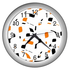 Orange, White And Black Pattern Wall Clocks (silver)  by Valentinaart