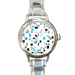 Blue, Black And White Pattern Round Italian Charm Watch by Valentinaart