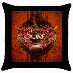 Surfing, Surfboard With Floral Elements  And Grunge In Red, Black Colors Throw Pillow Case (black) by FantasyWorld7