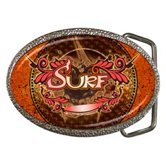 Surfing, Surfboard With Floral Elements  And Grunge In Red, Black Colors Belt Buckles by FantasyWorld7
