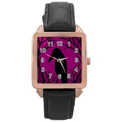 Halloween Raven - Magenta Rose Gold Leather Watch  by Valentinaart