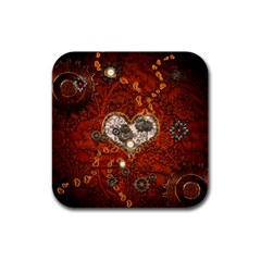 Steampunk, Wonderful Heart With Clocks And Gears On Red Background Rubber Square Coaster (4 Pack)  by FantasyWorld7