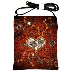 Steampunk, Wonderful Heart With Clocks And Gears On Red Background Shoulder Sling Bags by FantasyWorld7