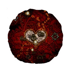 Steampunk, Wonderful Heart With Clocks And Gears On Red Background Standard 15  Premium Round Cushions by FantasyWorld7