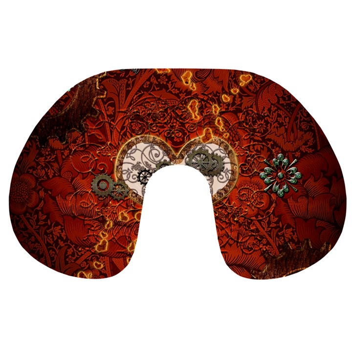 Steampunk, Wonderful Heart With Clocks And Gears On Red Background Travel Neck Pillows