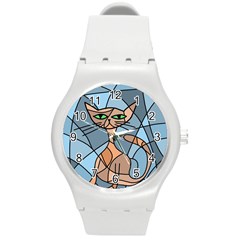 Artistic  Cat - Orange Round Plastic Sport Watch (m) by Valentinaart