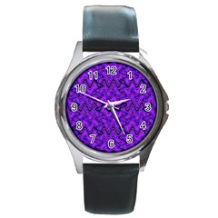 Purple Wavey Squiggles Round Metal Watch by BrightVibesDesign