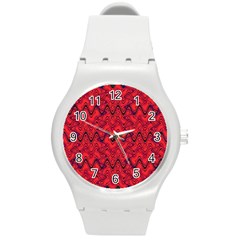 Red Wavey Squiggles Round Plastic Sport Watch (m) by BrightVibesDesign