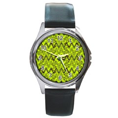 Yellow Wavey Squiggles Round Metal Watch by BrightVibesDesign