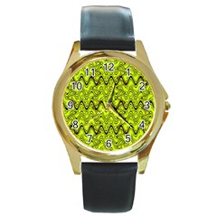 Yellow Wavey Squiggles Round Gold Metal Watch by BrightVibesDesign