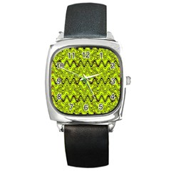 Yellow Wavey Squiggles Square Metal Watch by BrightVibesDesign